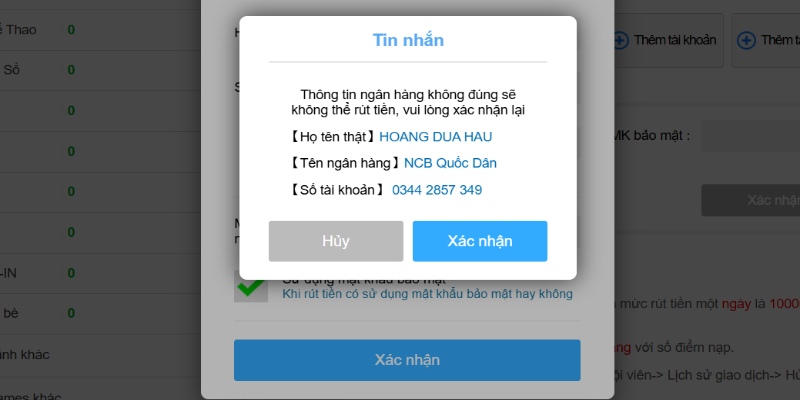Xác nhận lại đúng thông tin ngân hàng chính chủ